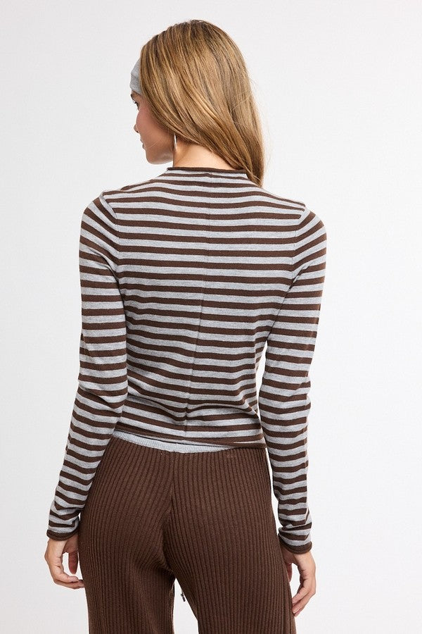 Sky To Moon Casual Stripe Knit Sweater in Grey/Brown, back view