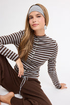 Sky To Moon Casual Stripe Knit Sweater in Grey/Brown, front view