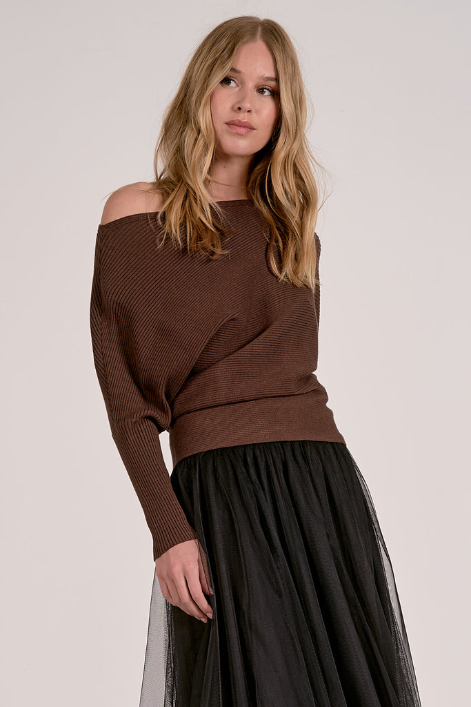 brown off-the-shoulder sweater, ribbed knit top, women’s fall sweater, dolman sleeve pullover, cozy brown knit top, trendy fall fashion