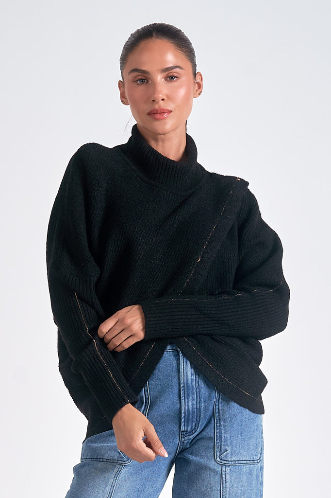 black turtleneck sweater, crossover knit sweater, women’s cozy pullover, oversized ribbed sweater, fall winter knit top, chic black sweater
