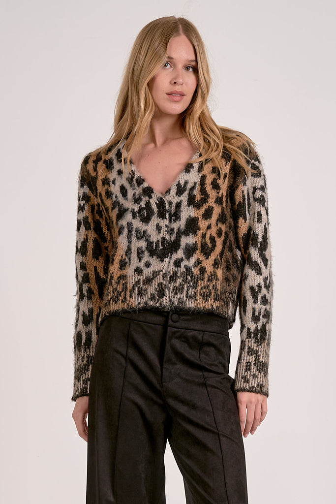 leopard print sweater, fuzzy knit cardigan, button front cropped sweater, animal print pullover, women’s fall sweater, cozy chic knit top, trendy leopard top