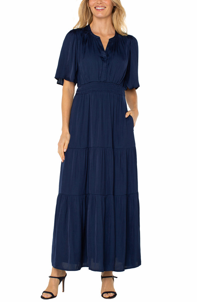 navy maxi dress, tiered dress, smocked waist dress, flowy maxi, flutter sleeve dress, casual elegant dress, women’s long dres