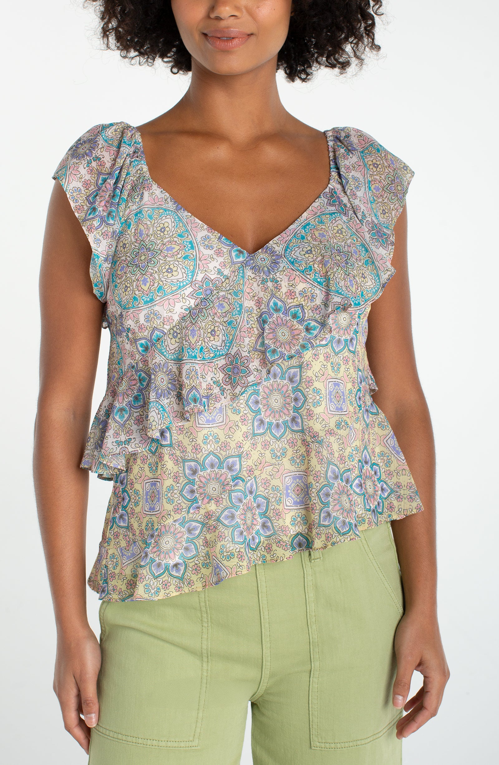 V-neck printed top with ruffle sleeves and a relaxed, flowy fit shown from front and back