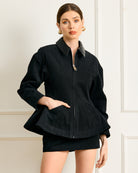 peplum jacket women, structured peplum jacket, black peplum jacket, zip front peplum jacket, statement women’s jacket, tailored peplum blazer, chic fall jacket women, elevated outerwear boutique, fashion peplum jacket, modern structured jacket, women’s dressy jacket, trendy women’s outerwear, peplum silhouette jacket, going out jacket women, stylish layering piece