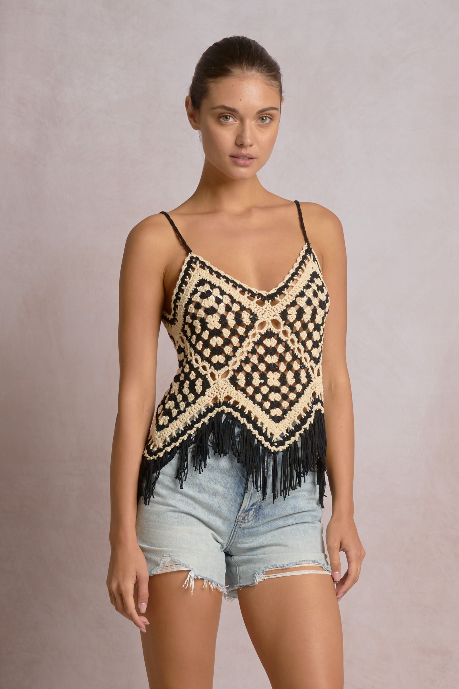 crochet cami top, fringe tank top, boho summer top, crochet fringe blouse, vacation outfit top, festival style tank, lightweight summer cami, women’s crochet top, beach outfit top, boutique summer top, trendy boho tank, warm weather layering piece