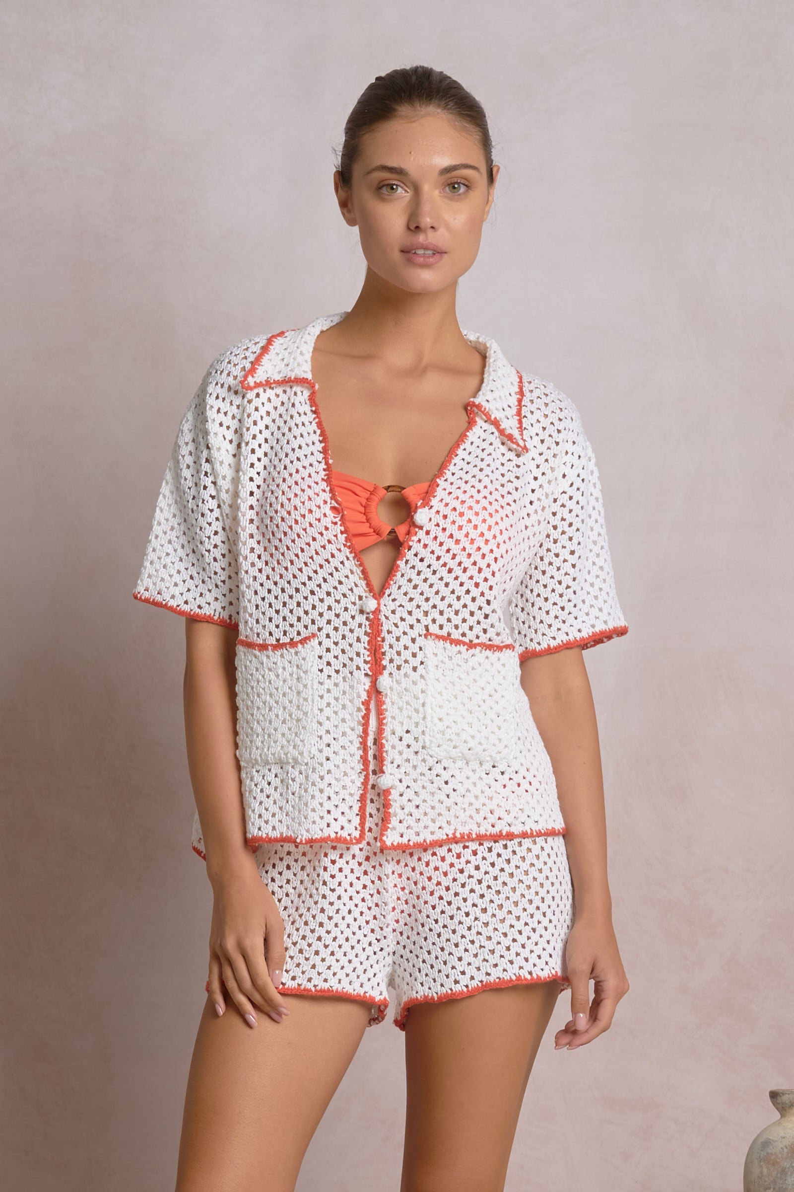  crochet button front top, women’s crochet blouse, open knit summer top, lightweight beach cover up top, boutique summer set top, vacation outfit top, matching crochet set, relaxed fit knit top, short sleeve crochet shirt, trendy summer layering piece