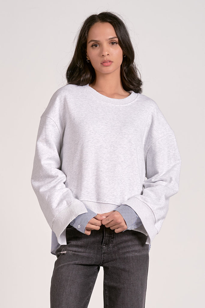 Elan contrast sweater with woven inset heather grey