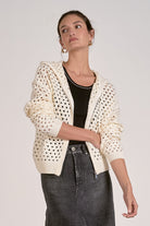 open knit hoodie, lightweight zip sweater, women’s crochet cardigan, zip front knit jacket, breathable summer sweater, boutique layering piece, casual chic hoodie, relaxed fit knit sweater, transitional knitwear, everyday lightweight jacket