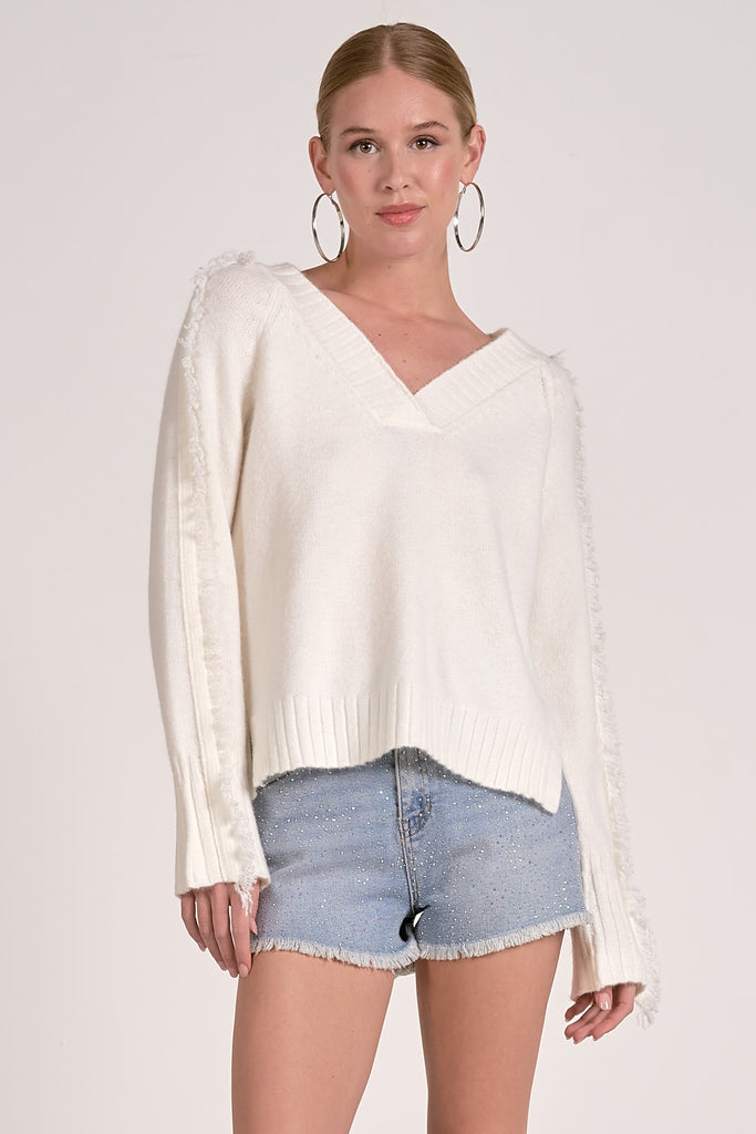 ivory V-neck sweater, frayed edge knit top, women’s white cozy sweater, textured fall sweater, relaxed knit pullover, soft knit winter top