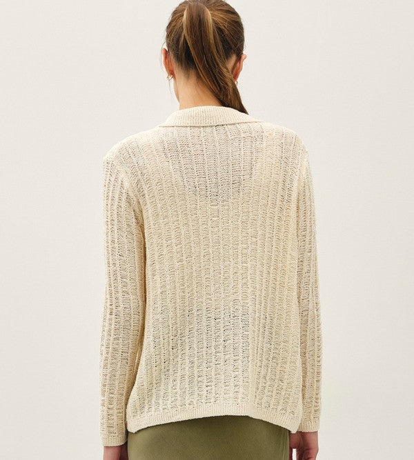 Be Cool Cozy Collared Button Up Cardigan with Pockets in Oatmeal, back view