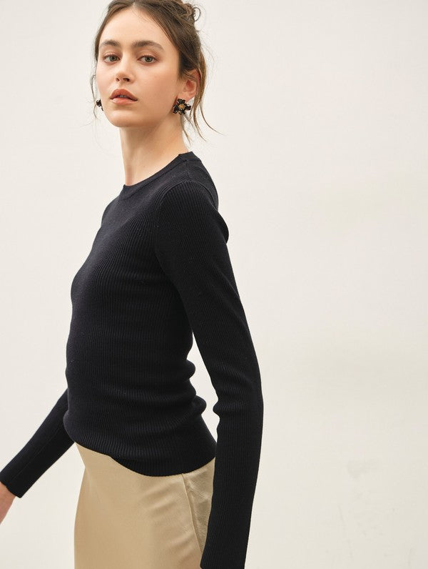 Be Cool Classic Crewneck Long Sleeve Rib Sweater in Black, side view