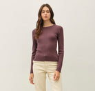 Be Cool Classic Crewneck Long Sleeve Rib Sweater in Dark Chocolate, front view