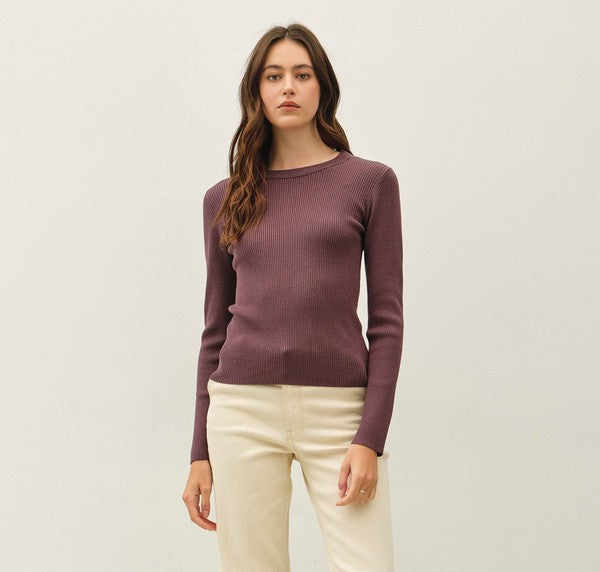 Be Cool Classic Crewneck Long Sleeve Rib Sweater in Dark Chocolate, front view