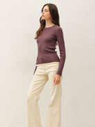 Be Cool Classic Crewneck Long Sleeve Rib Sweater in Dark Chocolate, side view