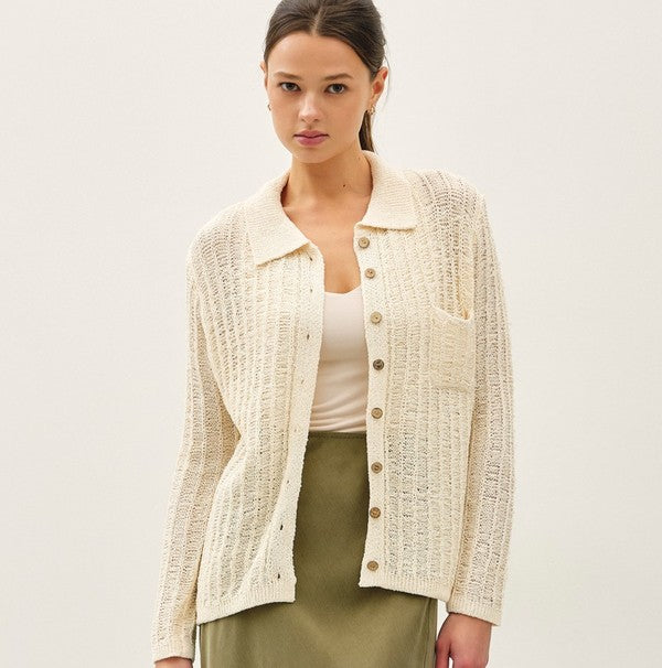 Be Cool Cozy Collared Button Up Cardigan with Pockets in Oatmeal, front view