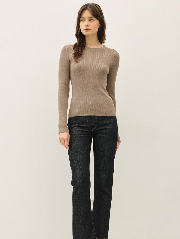 Be Cool Classic Crewneck Long Sleeve Rib Sweater in Heather Mocha, front view