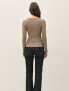 Be Cool Classic Crewneck Long Sleeve Rib Sweater in Heather Mocha, back view