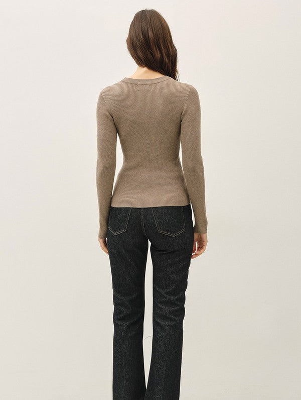 Be Cool Classic Crewneck Long Sleeve Rib Sweater in Heather Mocha, back view