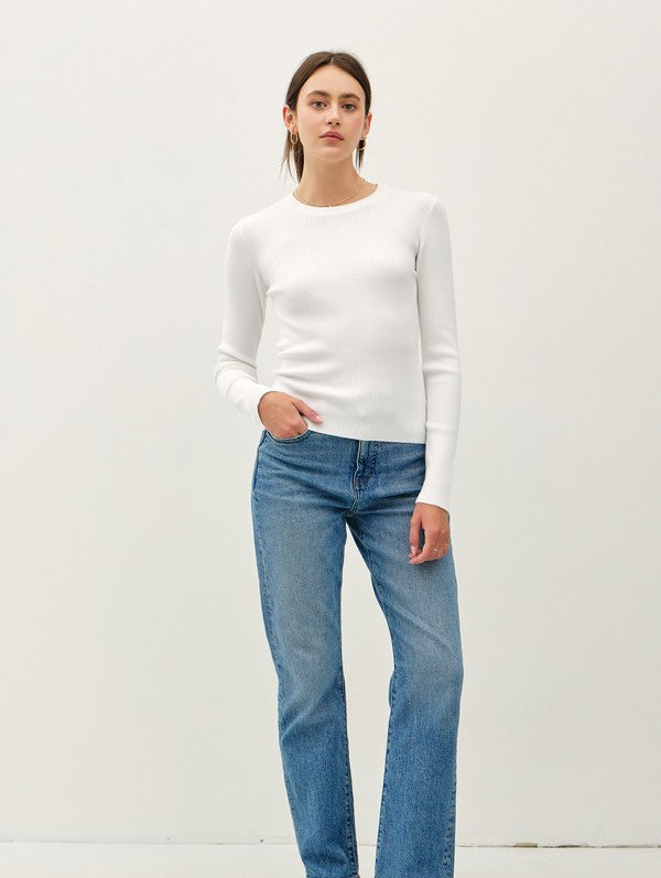 Be Cool Classic Crewneck Long Sleeve Rib Sweater in Ivory, front view