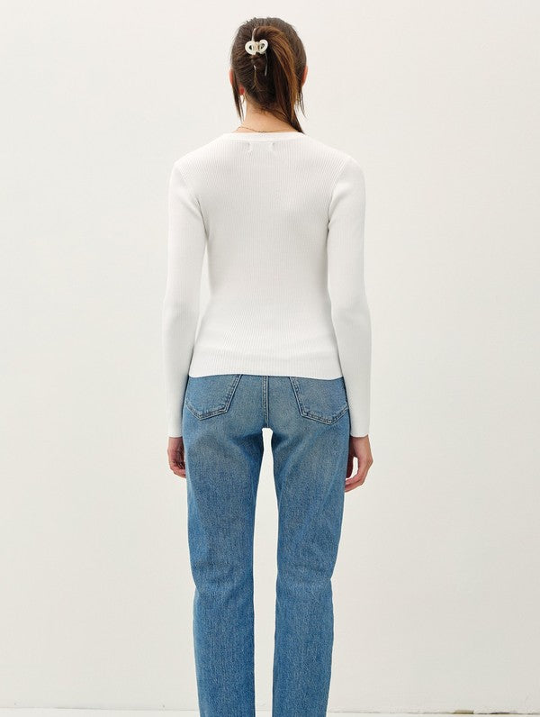 Be Cool Classic Crewneck Long Sleeve Rib Sweater in Ivory, back view
