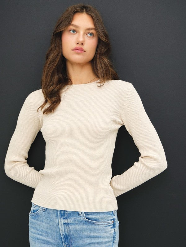 Be Cool Classic Crewneck Long Sleeve Rib Sweater in Oatmeal, front view