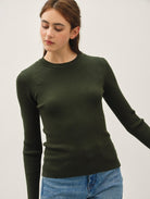 Be Cool Classic Crewneck Long Sleeve Rib Sweater in Winter Green, side view