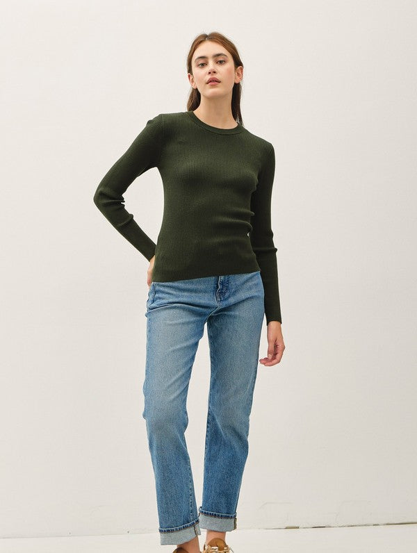 Be Cool Classic Crewneck Long Sleeve Rib Sweater in Winter Green, front view