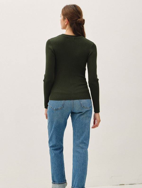 Be Cool Classic Crewneck Long Sleeve Rib Sweater in Winter Green, back view