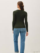 Be Cool Classic Crewneck Long Sleeve Rib Sweater in Winter Green, back view