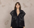 Vintage Havana Bandana Printed Sherpa Vest in Ivory Black, front view