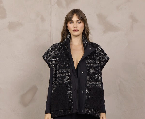 Vintage Havana Bandana Printed Sherpa Vest in Ivory Black, front view