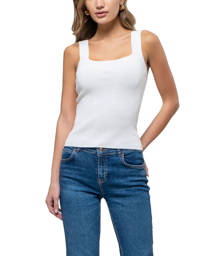 Athena Square Neck Sweater Tank White. This fitted sweater knit tank features a square neck with wide straps and a seamless design perfect for wearing on its own or as a layering piece.