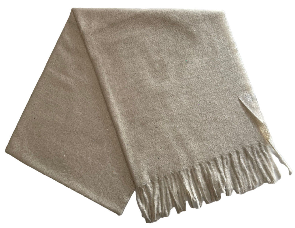 Sparkle Scarf White. This soft scarf features subtle sparkle throughout and fringe ends, perfect for adding a little extra glam to any outfit day or night.