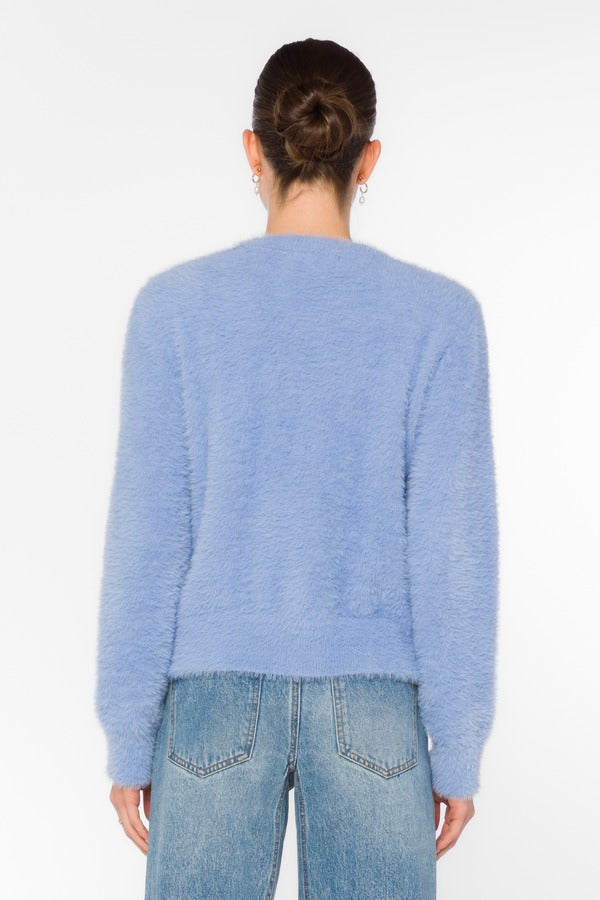 Velvet Heart Zosia Fuzzy Knit Sweater in Blue, back view