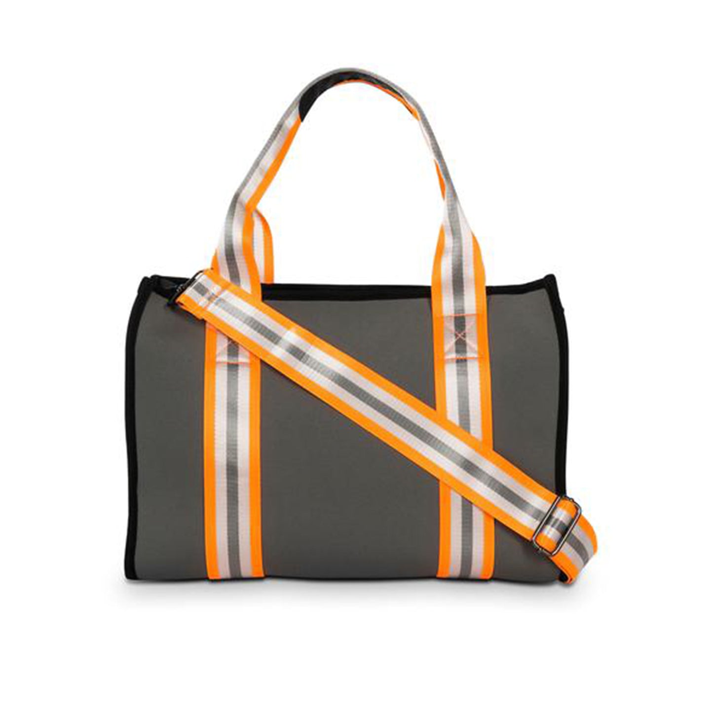 Haute Shore Isla Hip Tote Bag. Add this tote to any of your looks for a fresh update. Featuring a grey non perforated neoprene material, an orange, silver, and grey stripe strap, structured book tote style, removable crossbody, removable wristlet pouch, and interior pockets. 