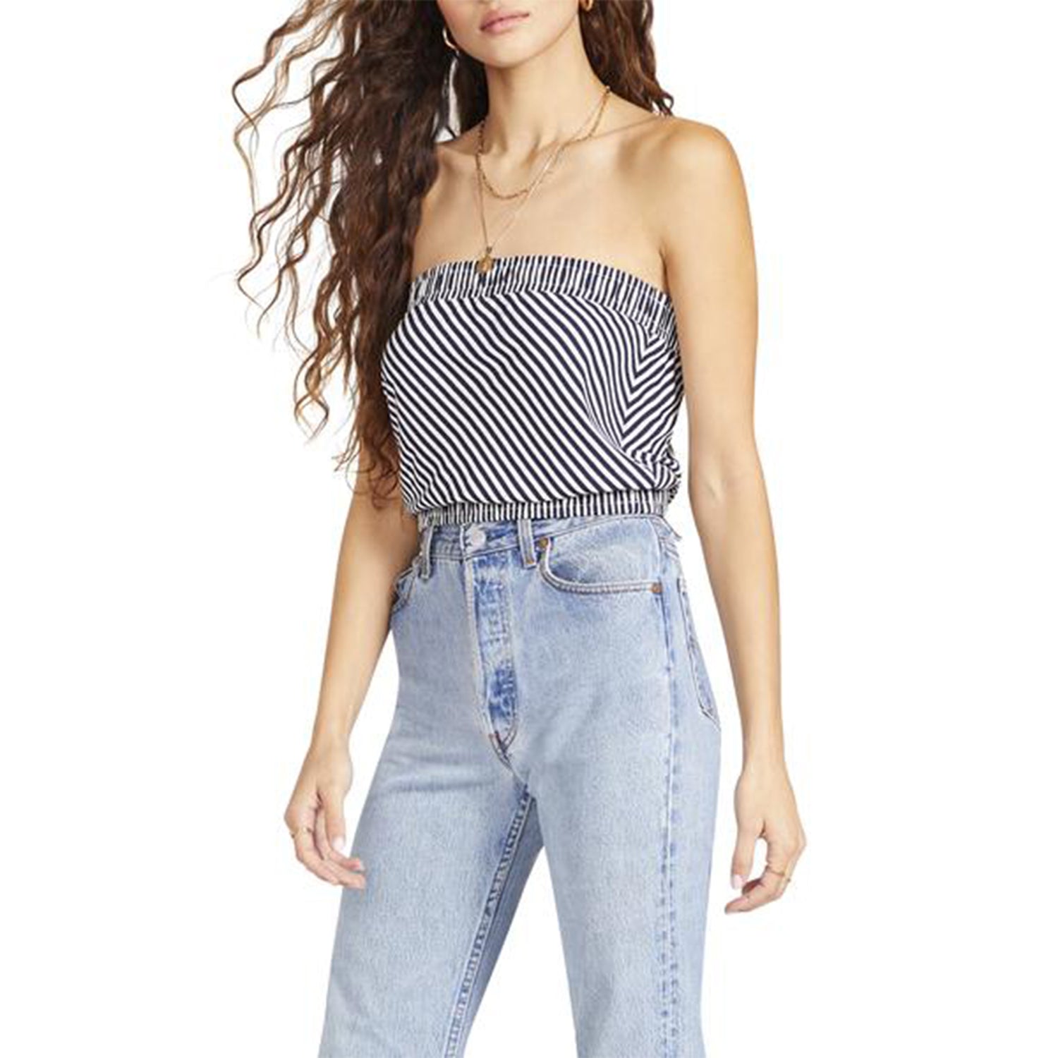 BB Dakota Find My Way Top. Give your everyday look a fun update with this cute piece! Featuring a striped material, tube top style, elastic detail at the top and bottom hem, and  cropped length. Style this with a denim skirt and platform sandals fora look we are obsessing over. 