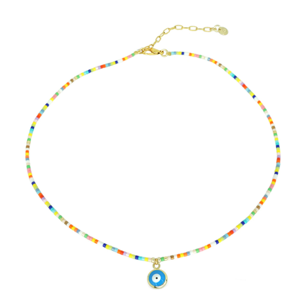 Seed Evil Eye Necklace. Look cute while being protected! The evil eye is used to protect the person that wears it from the spiteful look of others who envy or dislike them. It brings good luck, good karma and protects you against evil