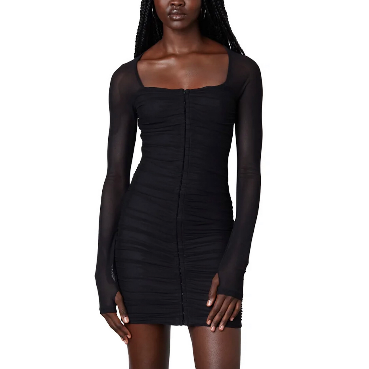 A mesh fitted long sleeve dress with thumb holes.