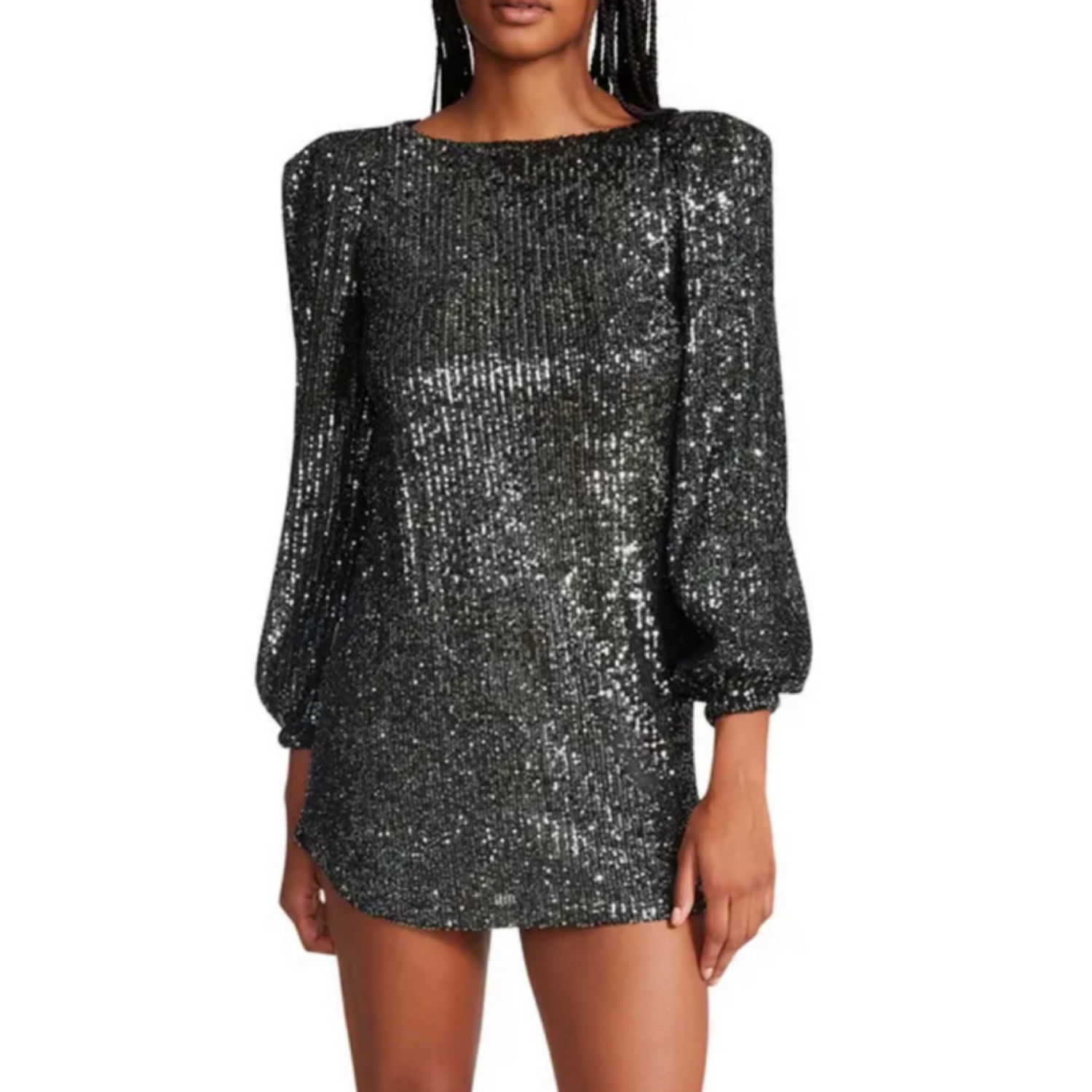 Allover sequins add plenty of sparkle and shine to this long-sleeve minidress.