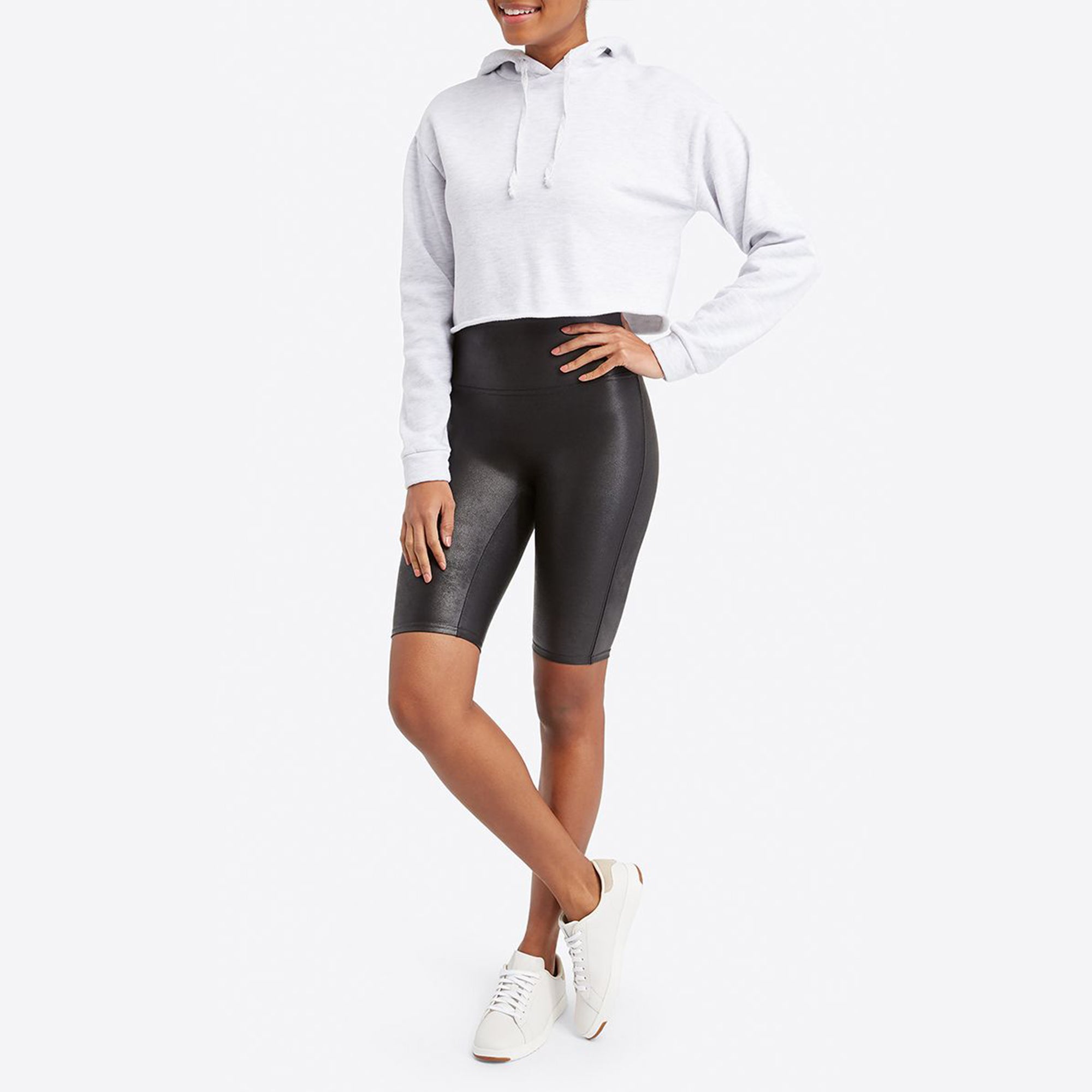 Spanx Faux Leather Biker Short. Faux Leather Bike Shorts are a total compliment magnet and keep you ultra-comfortable. Featuring our contoured Power Waistband, this style gives you a flat gut and great butt. In these shorts, you’re everyone’s asspiration!