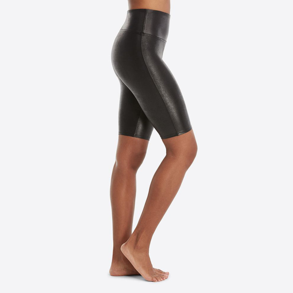 Spanx Faux Leather Biker Short. Faux Leather Bike Shorts are a total compliment magnet and keep you ultra-comfortable. Featuring our contoured Power Waistband, this style gives you a flat gut and great butt. In these shorts, you’re everyone’s asspiration!