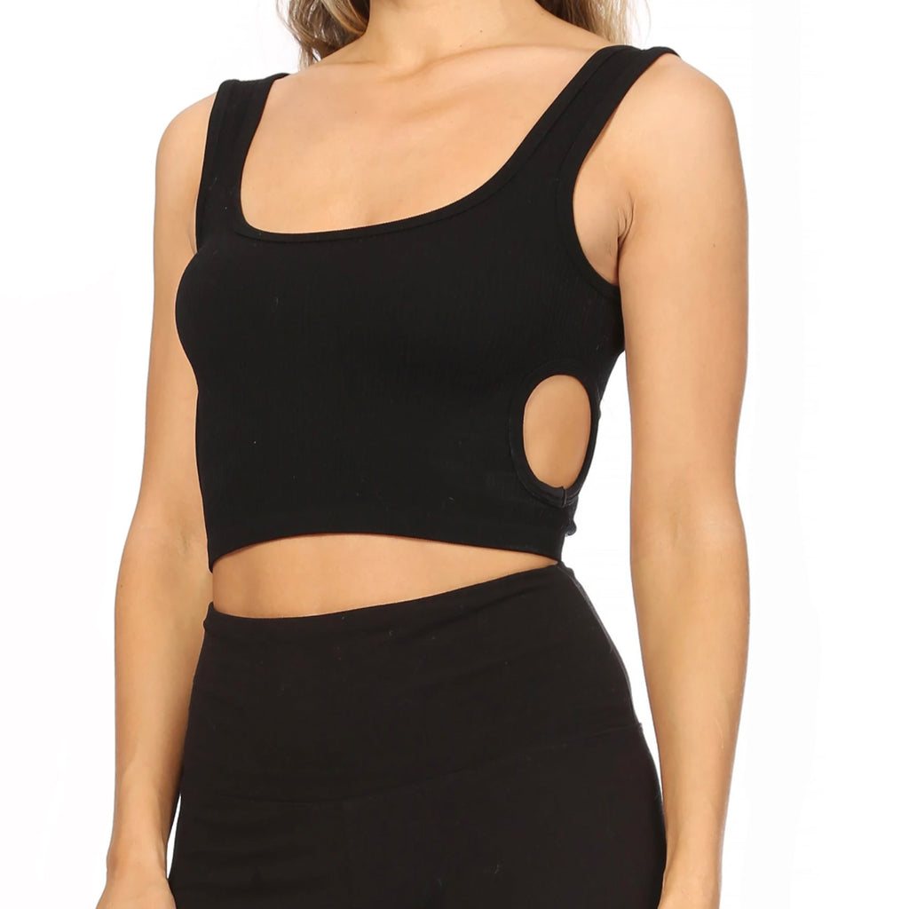 Ribbed Cut Out Crop Tank. This tank features a scoop neckline, tank top straps, ribbed fabric throughout, and of course a super stylish cut out detailing along each side