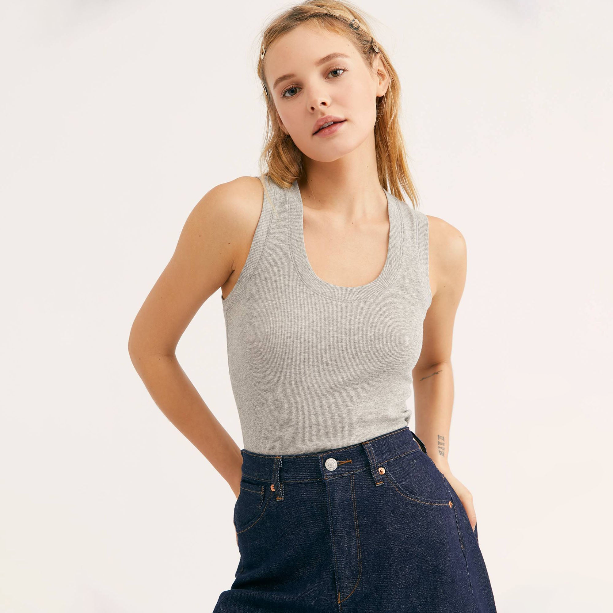Free People U-Neck Tank Top. Essential ribbed tank top featuring a U-neckline and wide, muscle-style straps.  Stretch fit Lightweight