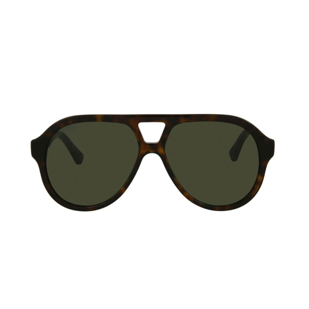 Gucci Best Sunglasses MSRP $305. A new take on a classic aviator frame, Gucci have made it their own with a thicker frame in a combination of black front and bottle green arms. Detailed with gold toned stripes on both sides, sitting next to the Gucci branding