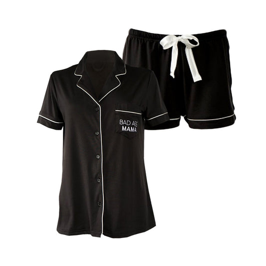 Bad Ass Mama Short Set. What mama wouldn't love to relax in this awesome short set? The Bad Ass Mama Short Set features contrast piping that adds great detail and elevated style. Lounging around in your pjs has never been so comfortable thanks to this luxe peached jersey fabric!