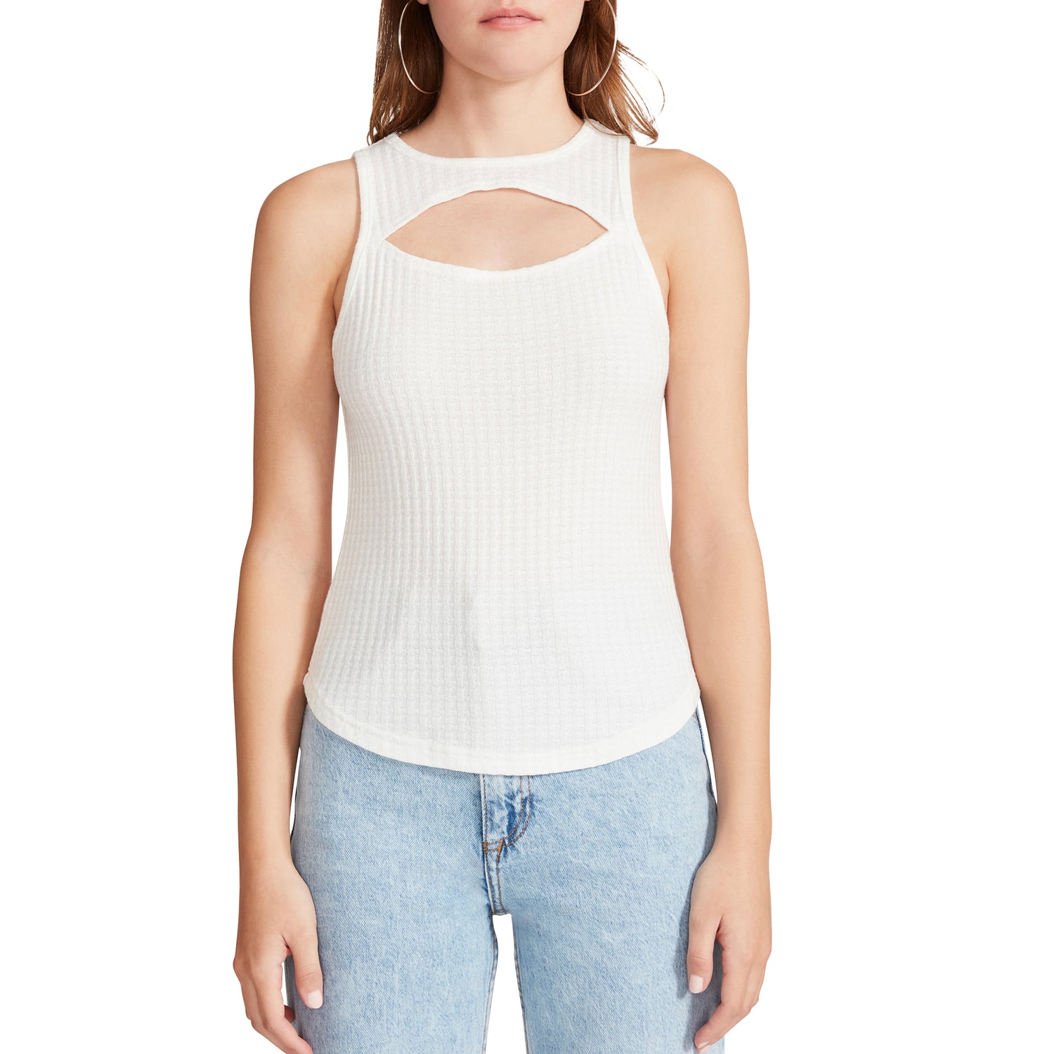 BB Dakota Sneak Peek Tank. A waffle-knit tank top featuring cute cutouts. These make this top a sweet and sassy weekend staple