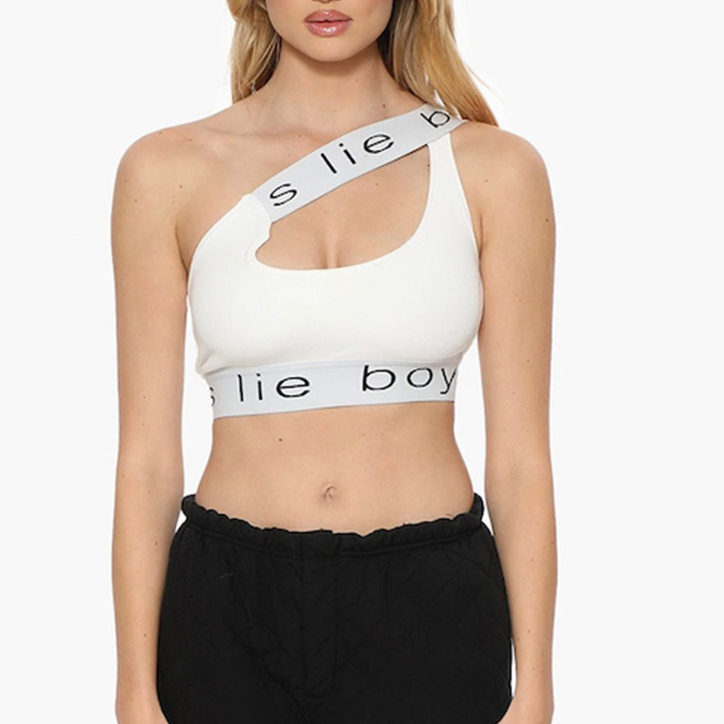 Boys Lie Bralette. Wear it as a top or as a bralette! The one shoulder looks and boys lie text makes this your new go to top
