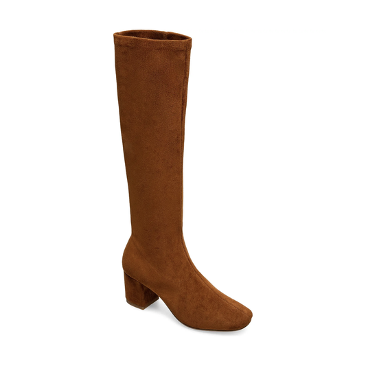 Silent D Comess Knee High Boot. Stretchy faux suede amplifies the contemporary appeal of a knee-high boot grounded by a classic block heel