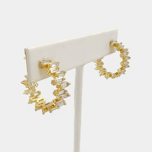 Rectangle CZ Stud Hoop. Cubic zirconia push back hoop earrings. Slide the earring post into your ears and secure it with the push back backing.