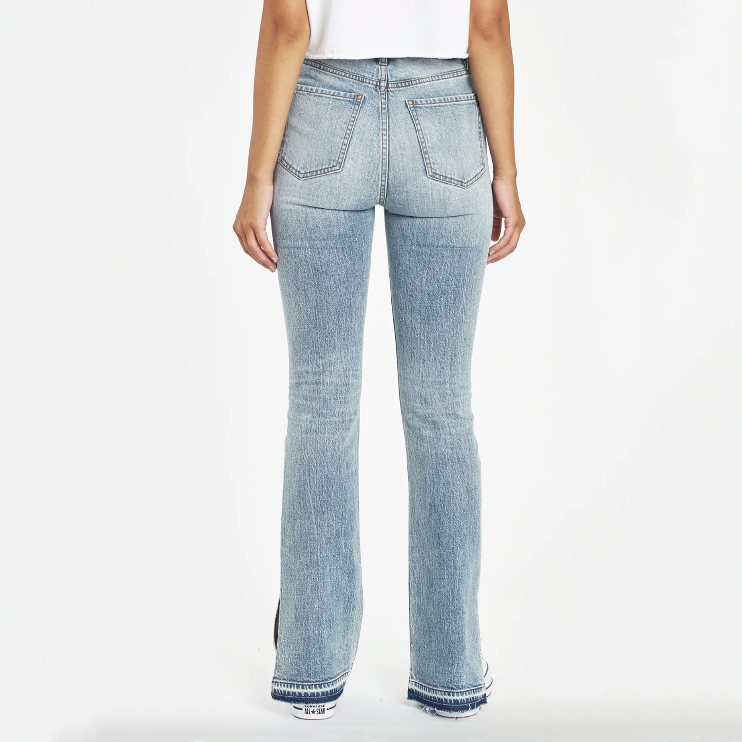 Daze Go-Getter Slim High Rise Flare With Side Slit Jean. The Go-getter in Double Dare is made to look like an authentic vintage pant. It's mostly rigid but yields to your body in all the right ways where you need it to